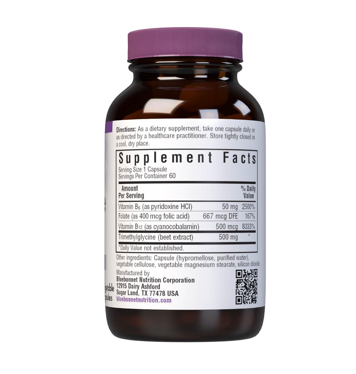 BlueBonnet Complément Alimentaire Homocystéine 60 Capsules Végétales étiquette et informations