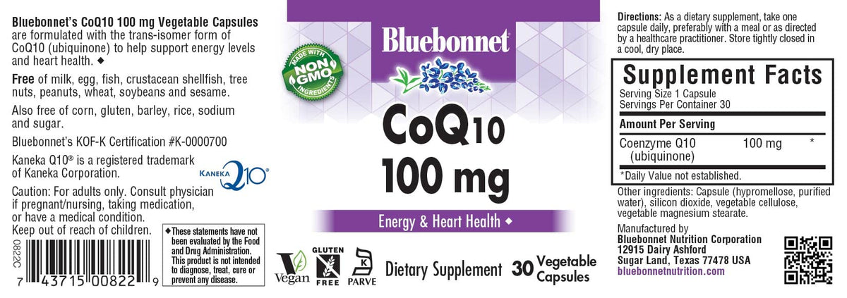 BlueBonnet CoQ-10 Capsules Végétales 100 mg - Détail des ingrédients