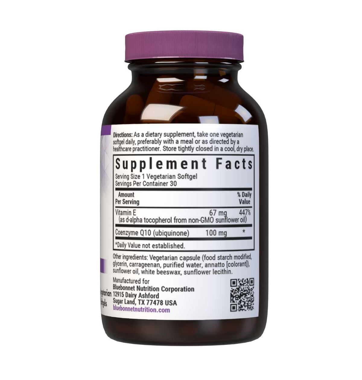 BlueBonnet CoQ10 100 mg Capsules Végétariennes, côté avec étiquette