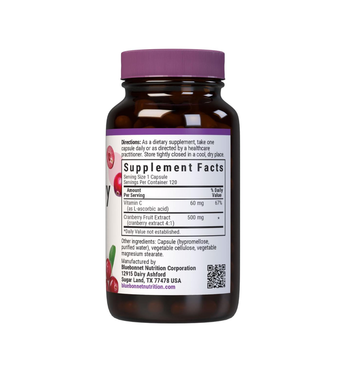 BlueBonnet Extrait de Fruit de Canneberge 500 mg gélules végétales côté arrière avec informations nutritionnelles