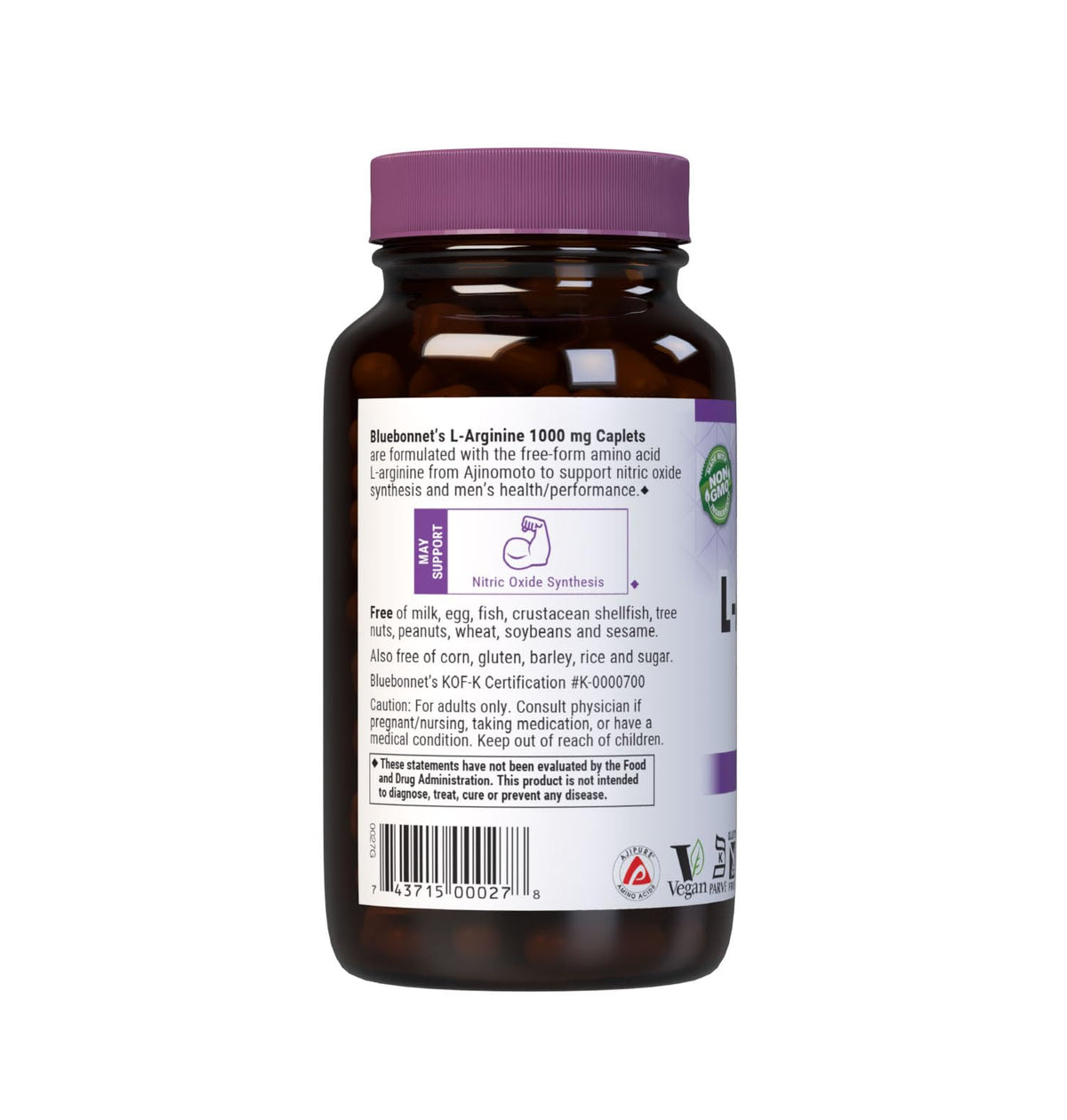 BlueBonnet L-Arginine 1000 mg Capsules 100 Comprimés avec étiquette détaillée