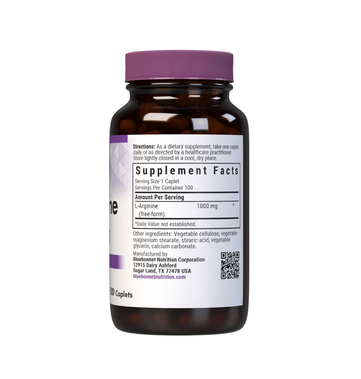BlueBonnet L-Arginine 1000 mg Capsules 100 Comprimés vue arrière