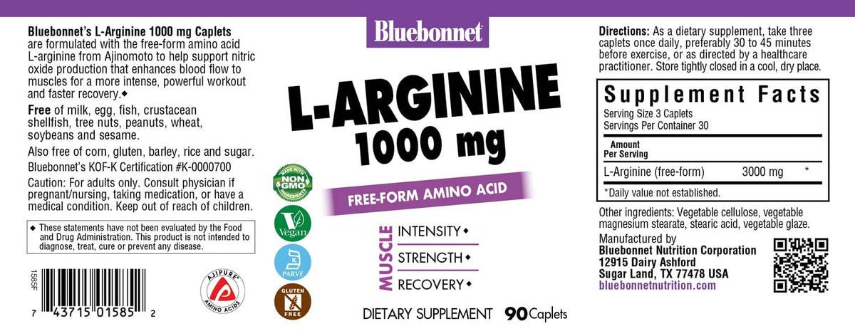 BlueBonnet L-Arginine 1000 mg Capsules, informations nutritionnelles sur l'emballage