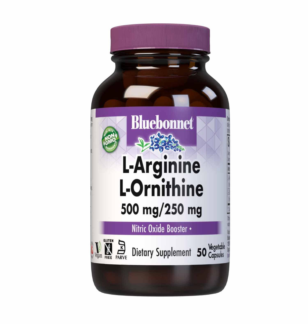 BlueBonnet L-Arginine 500mg L-Ornithine 250mg capsules front view
