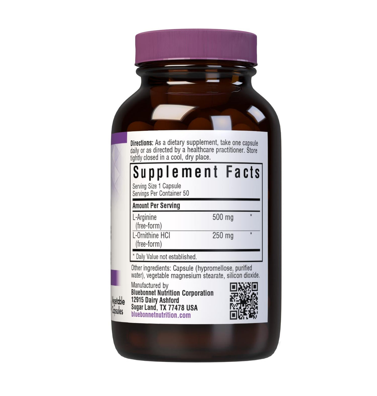 BlueBonnet L-Arginine 500mg L-Ornithine 250mg capsules side view