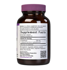 BlueBonnet L-Glutathione 100mg capsules végétales, informations nutritionnelles sur l'emballage