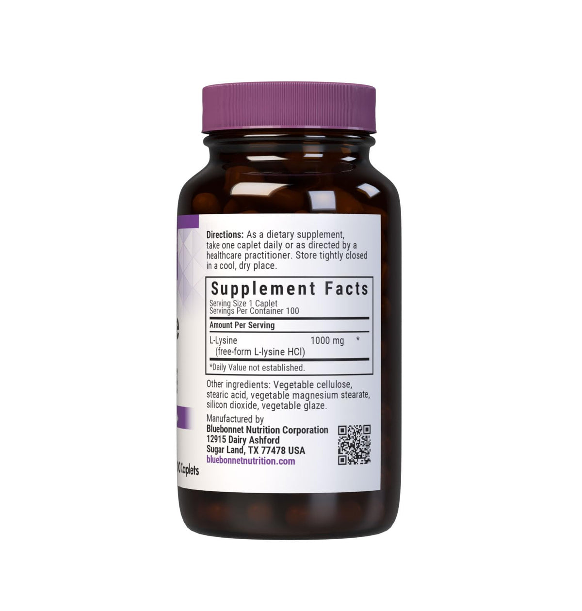 BlueBonnet L-Lysine 1000 mg comprimés végétariens vue latérale