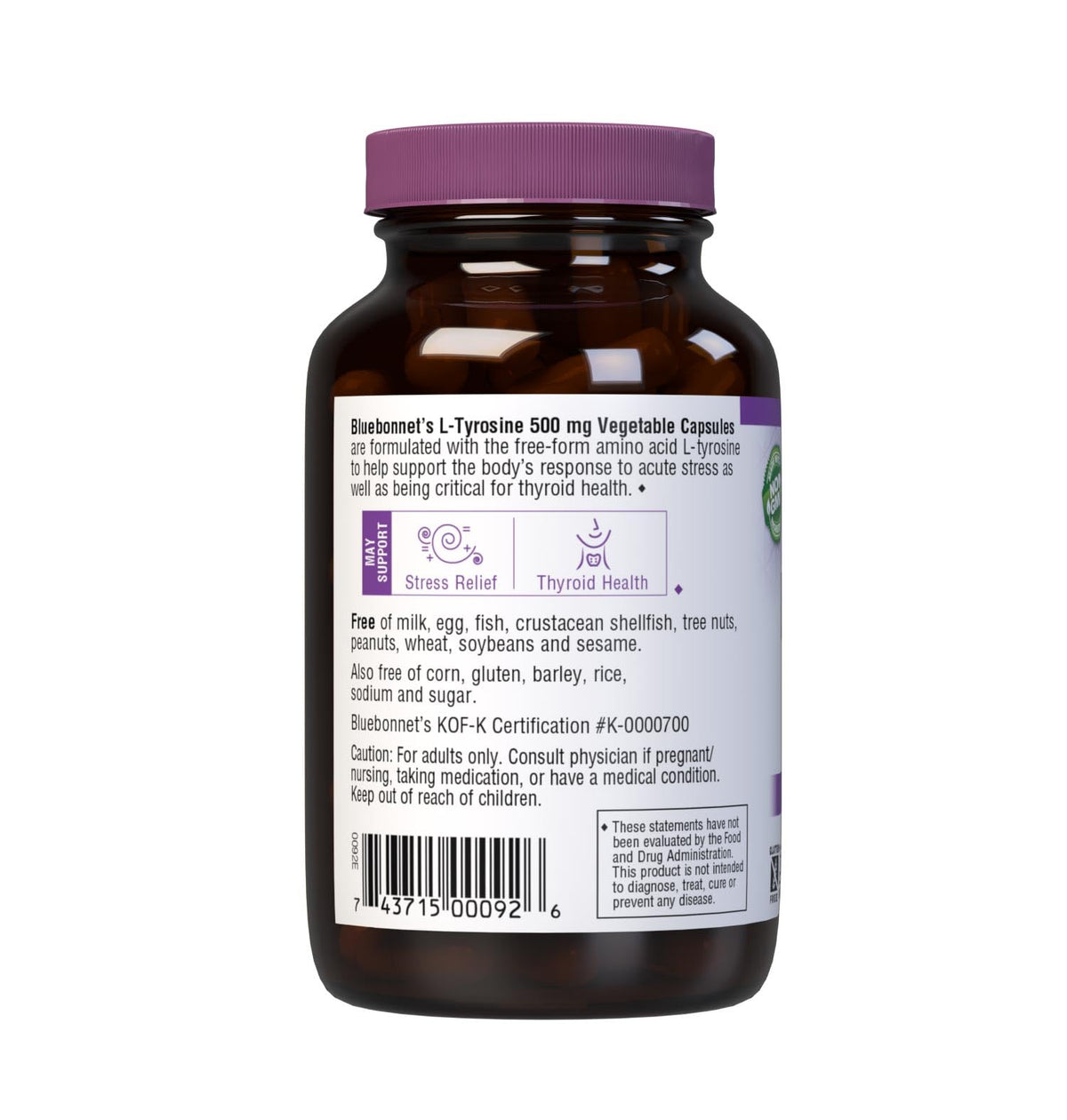 BlueBonnet L-Tyrosine 500 mg capsules, vue de côté