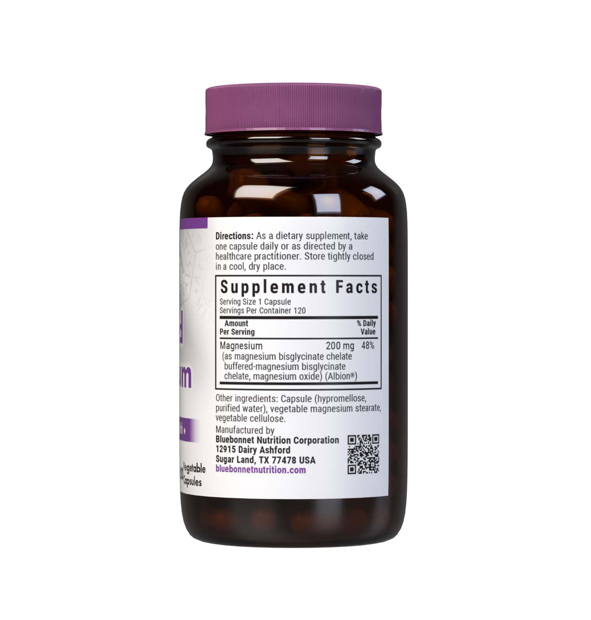 BlueBonnet Magnésium Chélaté 200 mg, vue de l'arrière avec informations nutritionnelles