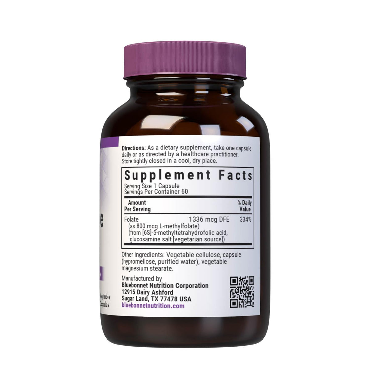 BlueBonnet Methylfolate 800 mcg capsules, étiquette détaillée