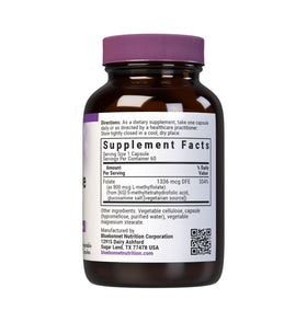BlueBonnet Methylfolate 800 mcg capsules, étiquette détaillée