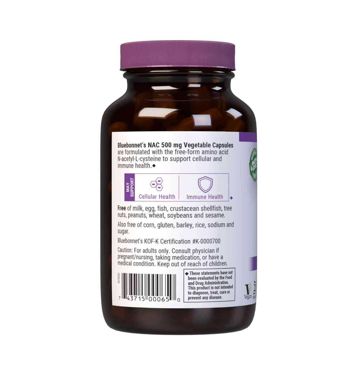 BlueBonnet NAC 500 mg capsules végétales sur fond blanc