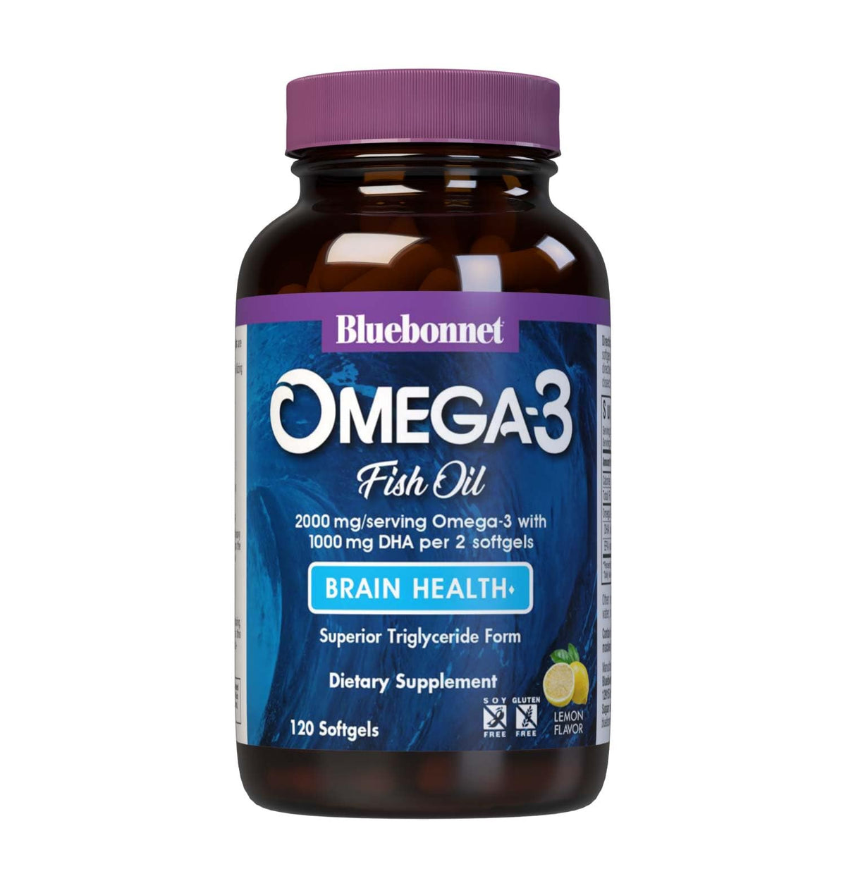 BlueBonnet Omega-3 Formule Cérébrale capsules jaunes et transparentes