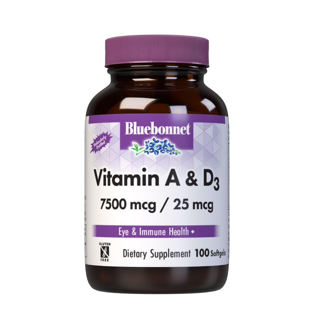 BlueBonnet Vitamine A & D3 25 000 UI 100 Softgels vue de face