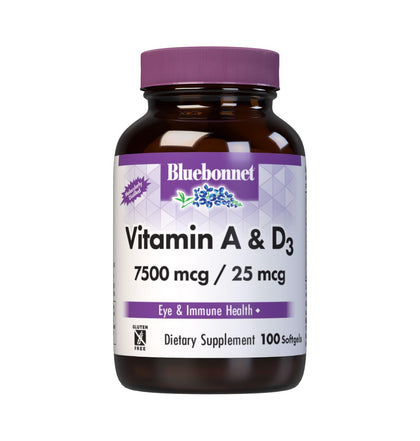 BlueBonnet Vitamine A & D3 25 000 UI 100 Softgels vue de face