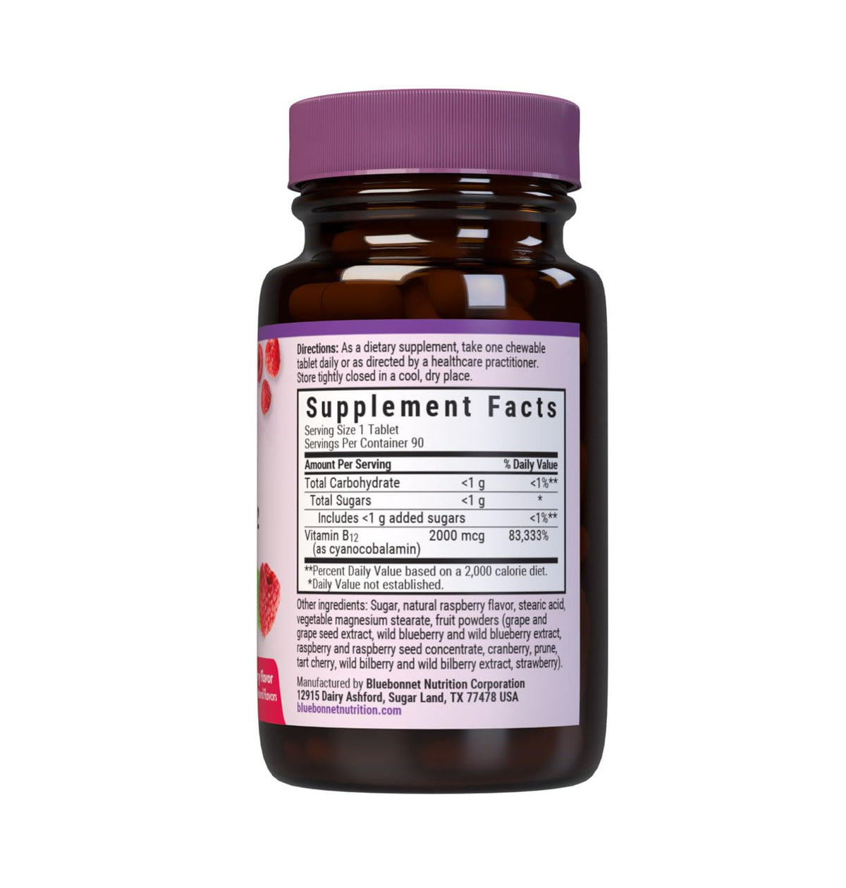BlueBonnet Vitamine B12 1000 mcg comprimés à mâcher sur fond blanc