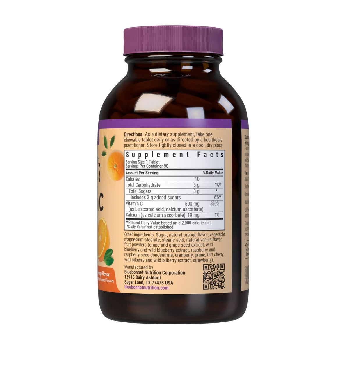 BlueBonnet Vitamine C 500 mg 90 comprimés à mâcher orange emballage