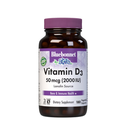 BlueBonnet Vitamine D3 2000 UI 180 capsules végétales, vue avant