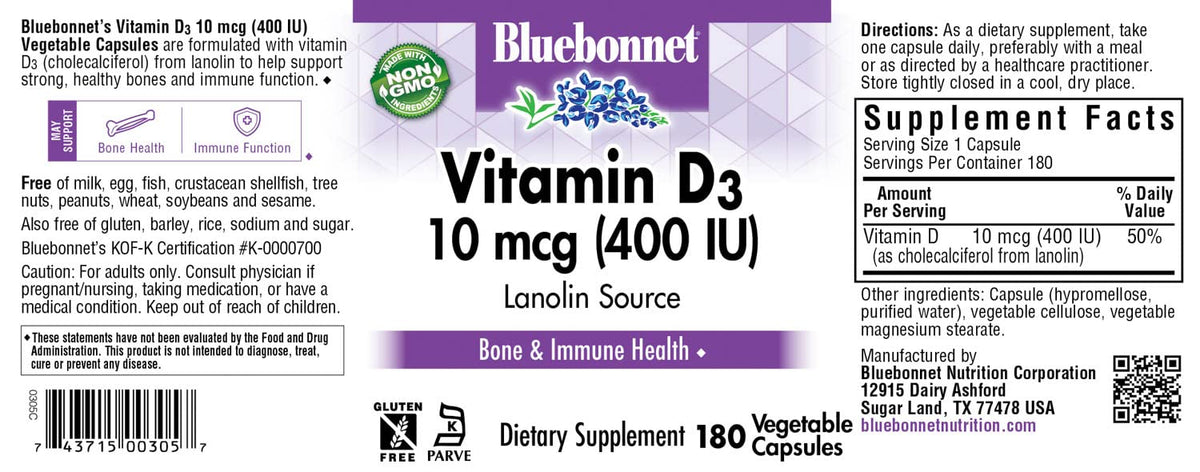 BlueBonnet Vitamine D3 400 UI, présentation des capsules