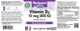 BlueBonnet Vitamine D3 400 UI, présentation des capsules