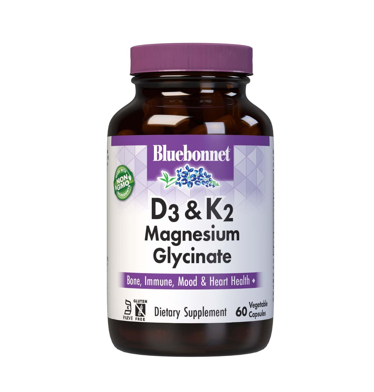 BlueBonnet Vitamine D3 K2 Magnésium Glycinate avant avec un fond neutre