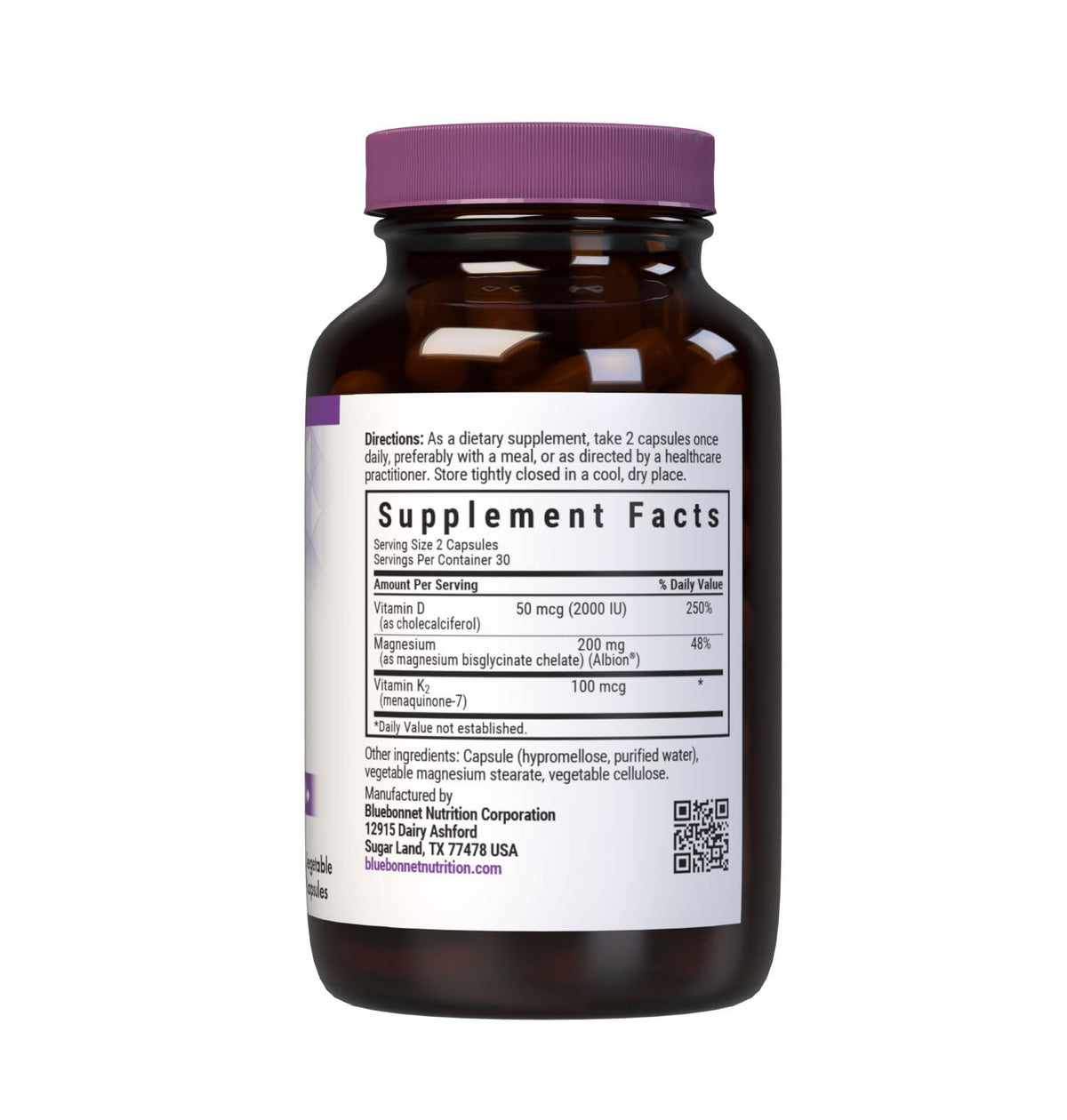 BlueBonnet Vitamine D3 K2 Magnésium Glycinate vue arrière montrant les ingrédients