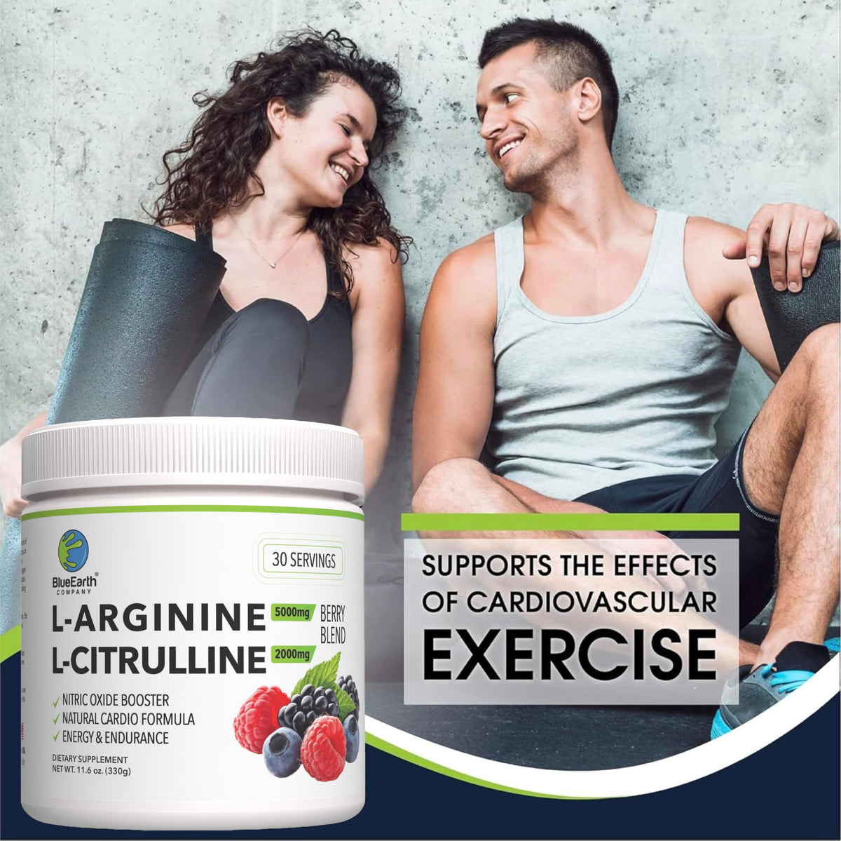BlueEarth L-Arginine 5000mg mélange de baies dans un verre d'eau