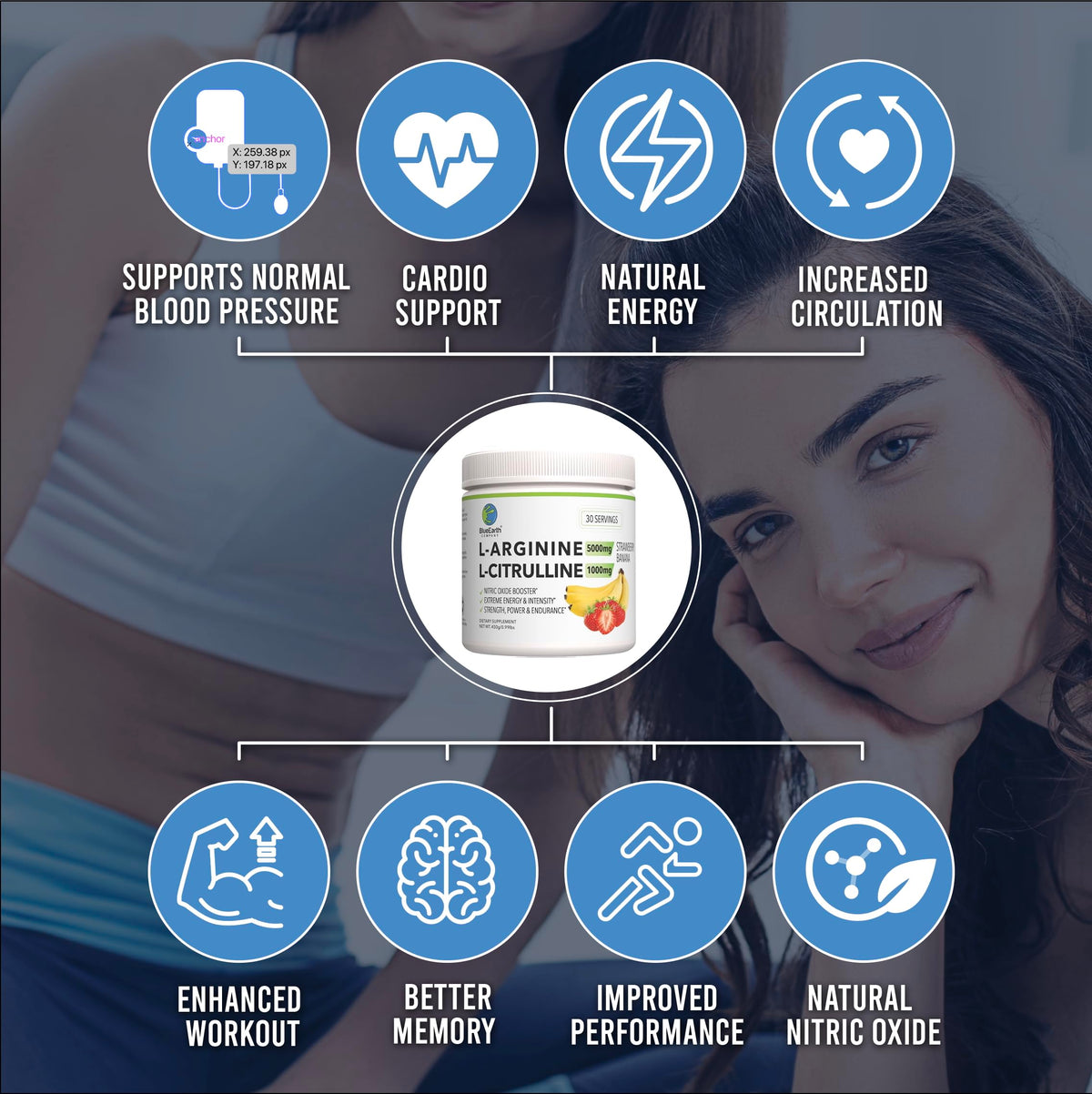 BlueEarth L-Arginine 5000mg Poudre avec fraises et bananes