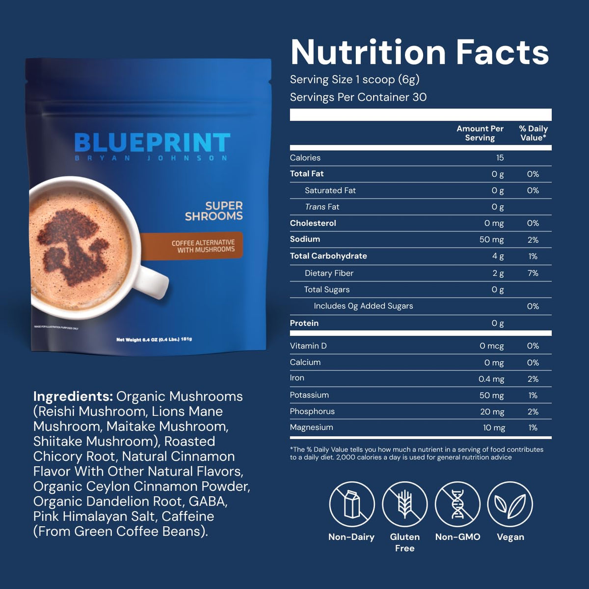 Blueprint Bryan Johnson Super Shroom Coffee dans une tasse avec de la mousse
