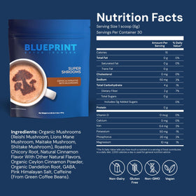 Blueprint Bryan Johnson Super Shroom Coffee dans une tasse avec de la mousse