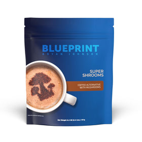 Blueprint Bryan Johnson Super Shroom Coffee sachet avant avec visuel vibrant