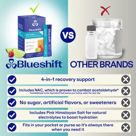 Blueshift Pré-Game sachets avec description des ingrédients