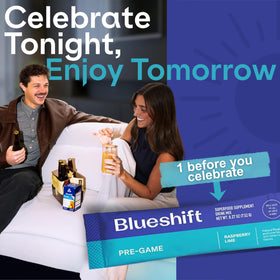 Blueshift Pré-Game sachets avec ingrédients sur fond blanc