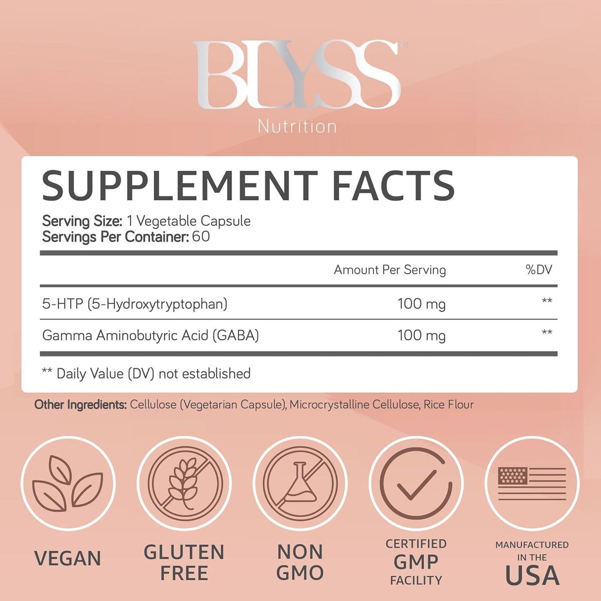 BLYSS Nutrition 5-HTP Plus GABA 200mg capsules side view