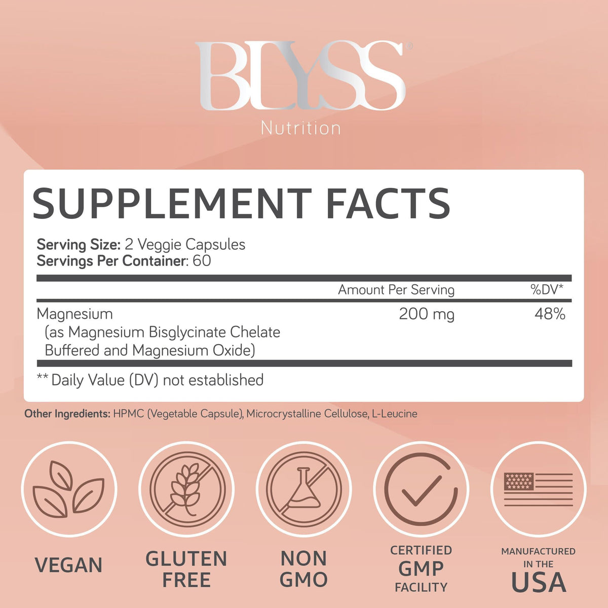 BLYSS Nutrition Capsules de Bisglycinate de Magnésium 200mg, vue de côté