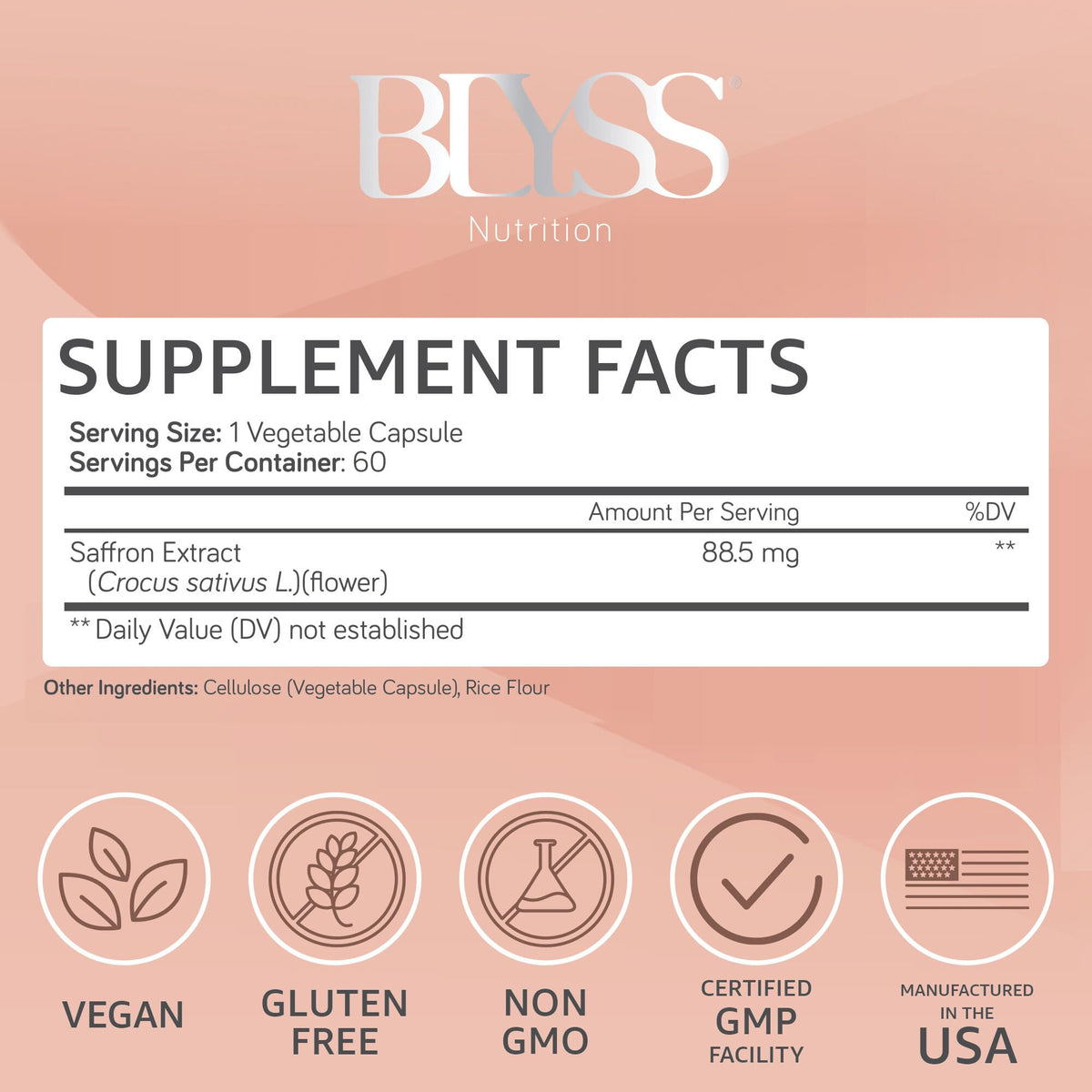 BLYSS Nutrition Saffran capsules végétaliennes avec étiquette visible