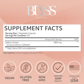 BLYSS Nutrition Saffran capsules végétaliennes avec étiquette visible