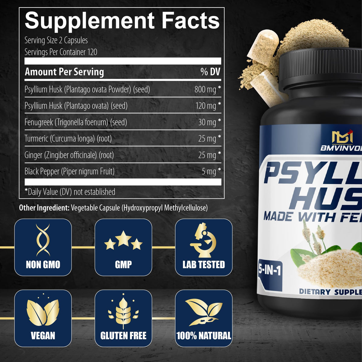 BMVINVOL capsules de psyllium flacon ouvert avec capsules