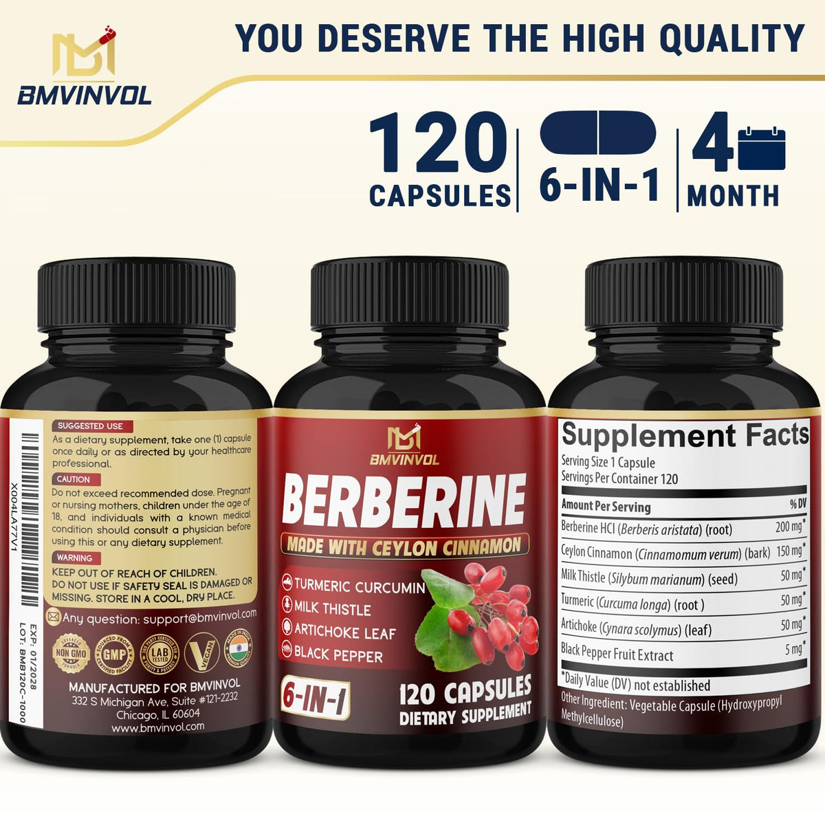 BMVINVOL Complément Alimentaire 120 Capsules Berbérine Complexe ouvert avec capsules
