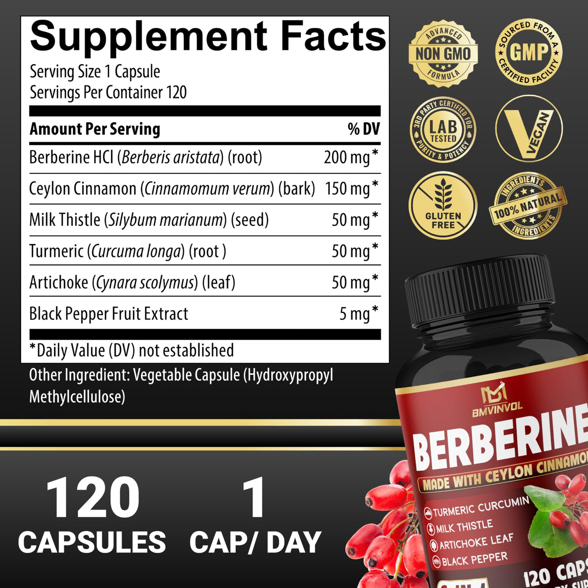 BMVINVOL Complément Alimentaire 120 Capsules Berbérine Complexe vue de dos