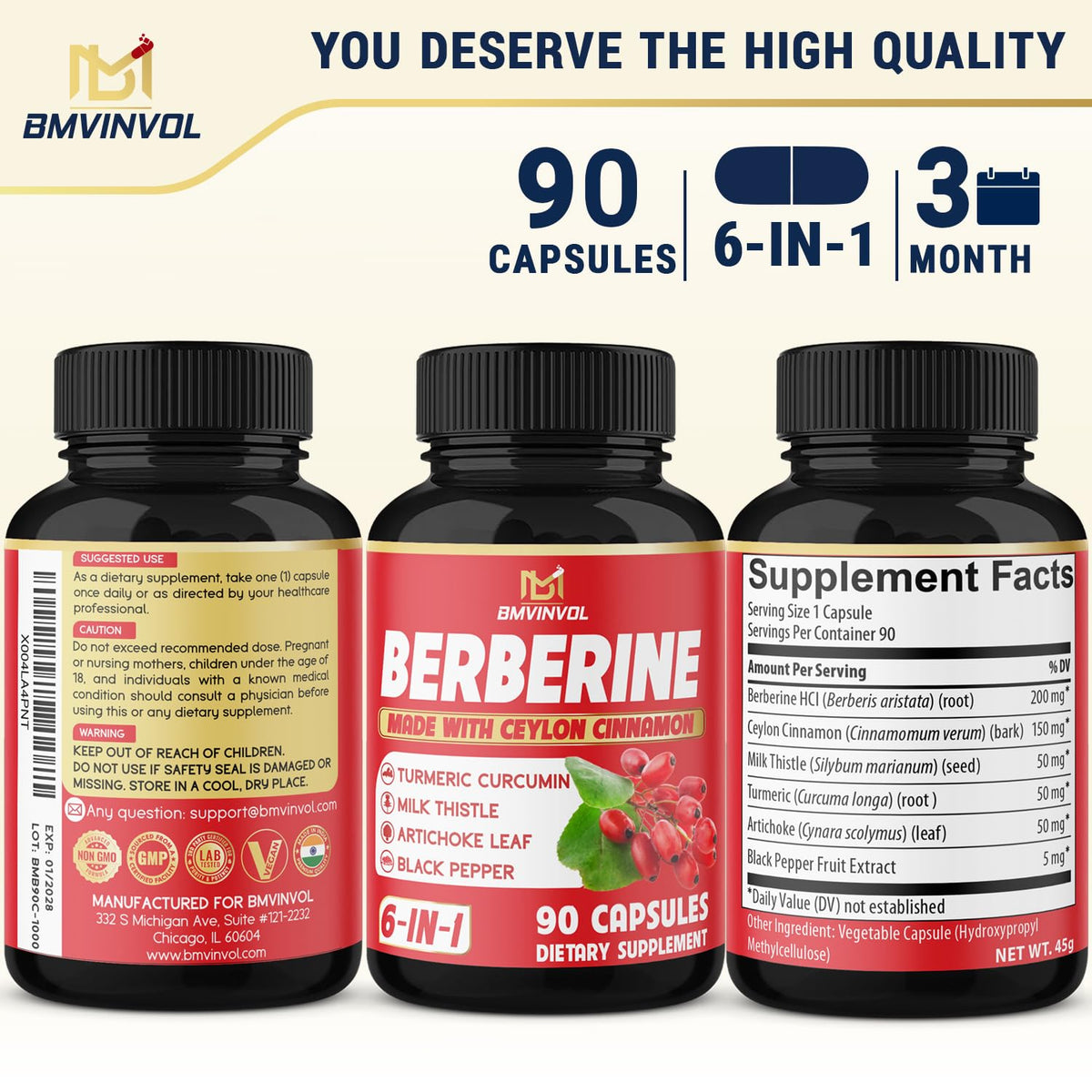 BMVINVOL Complément Alimentaire Berbérine 90 Capsules avec ingrédients