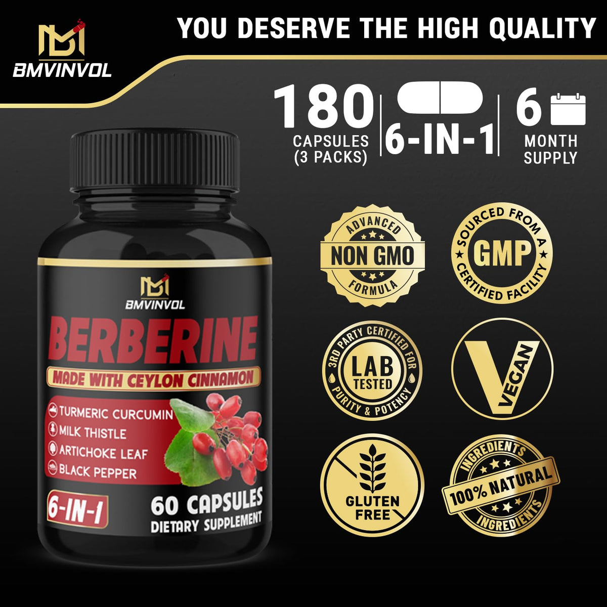BMVINVOL Complément Alimentaire Berbérine - détails des ingrédients sur l'emballage