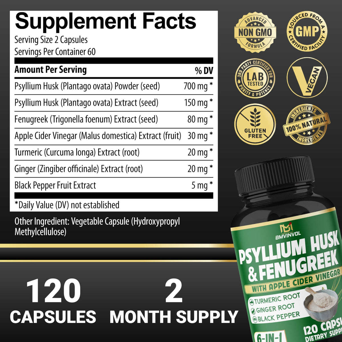 BMVINVOL Complément Alimentaire Psyllium 120 Capsules vue arrière