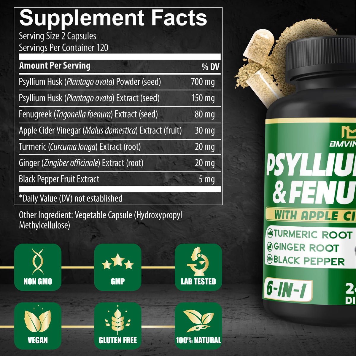 BMVINVOL Psyllium capsules ouvertes montrant la taille normale