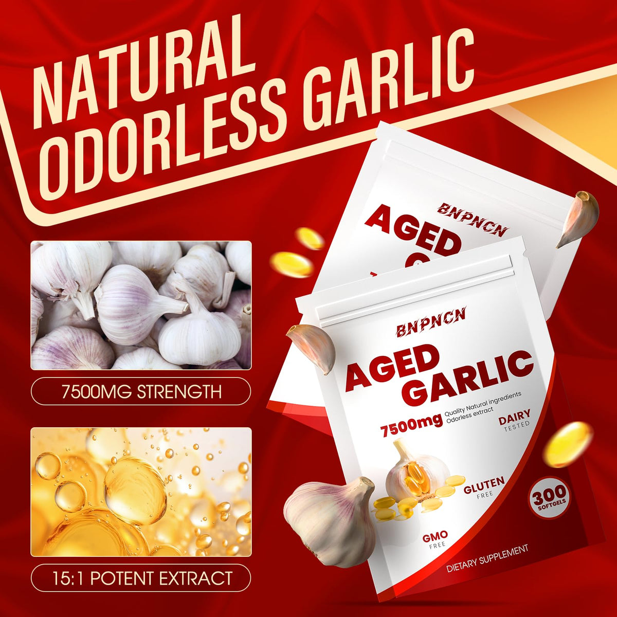 BnPnCn Extrait d'Ail Vieilli 7500mg 300 gélules souples avec d'autres compléments