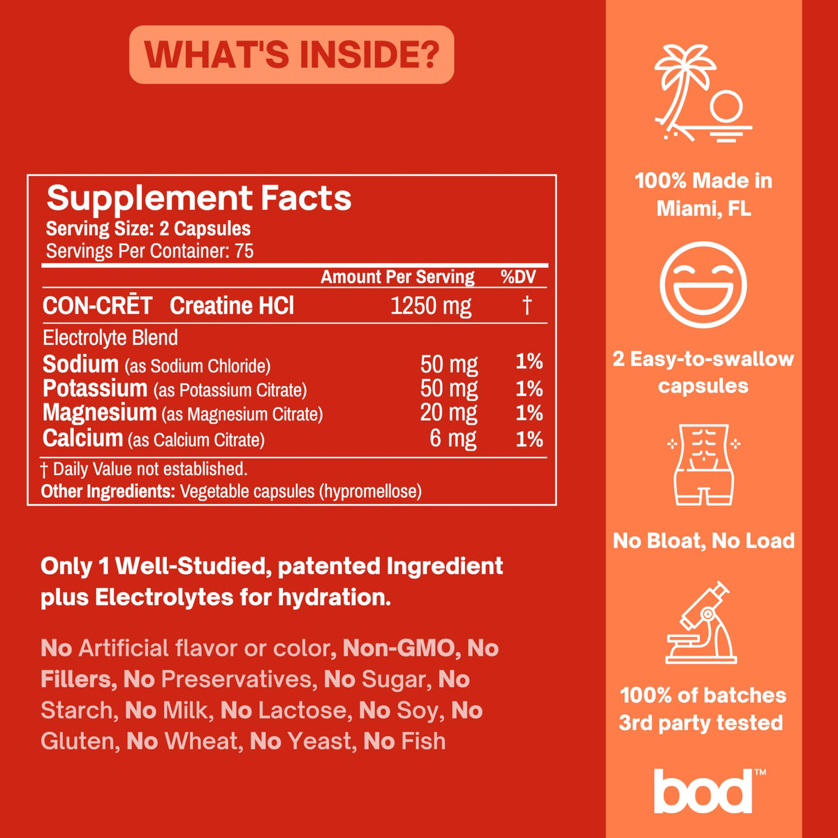 Bod Capsules de Créatine HCL avec étiquette visible