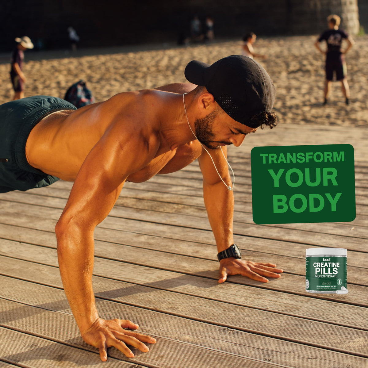 Bod créatine monohydrate capsules in a fitness setting