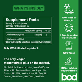 Bod créatine monohydrate capsules on a white background
