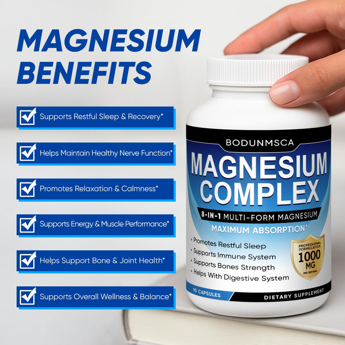 BODUNMSCA Complexe de Magnésium 1000mg 8-en-1 Capsules vue de côté