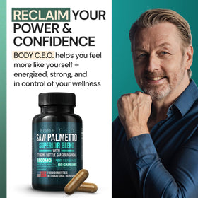 BODY C.E.O. Saw Palmetto 1500mg avec des légumes sur la table